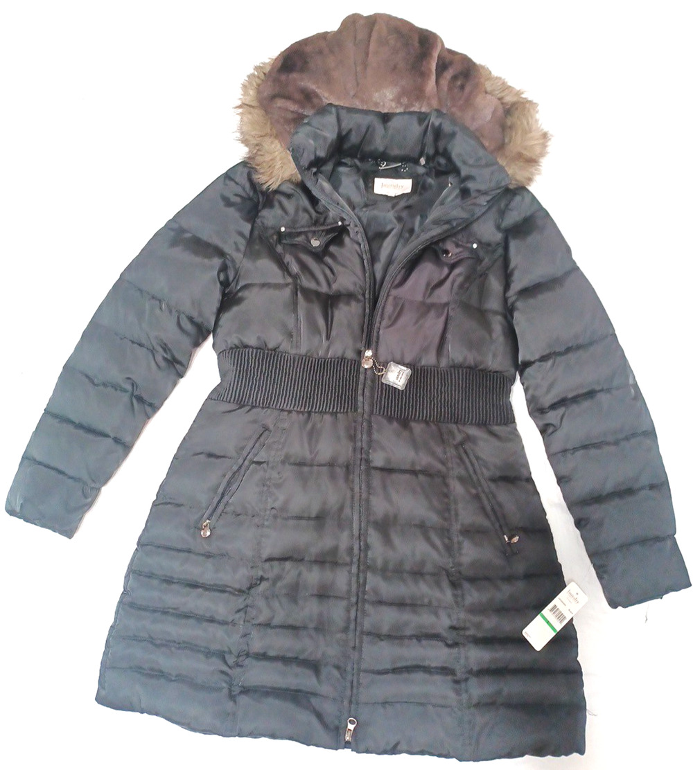Laundry Women Black Zip Puff Down Coat Sz L Faux Fur Hood Shelli Segal NEW